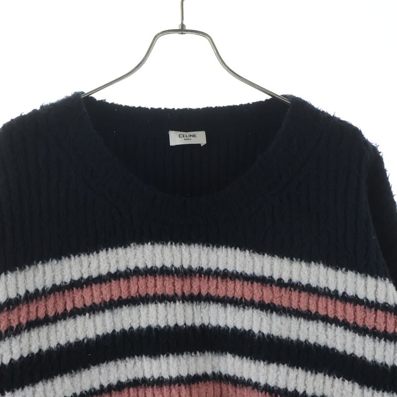 Celine Crew Neck Border Knit Sweater Navy