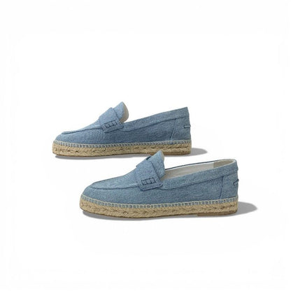 Hermes Trip Flat Shoes Denim Blue Beige Espadrilles