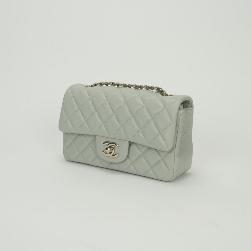 Chanel Quilted 20 Mini Shoulder Bag Lambskin Light Gray Silver Turnlock CC Logo