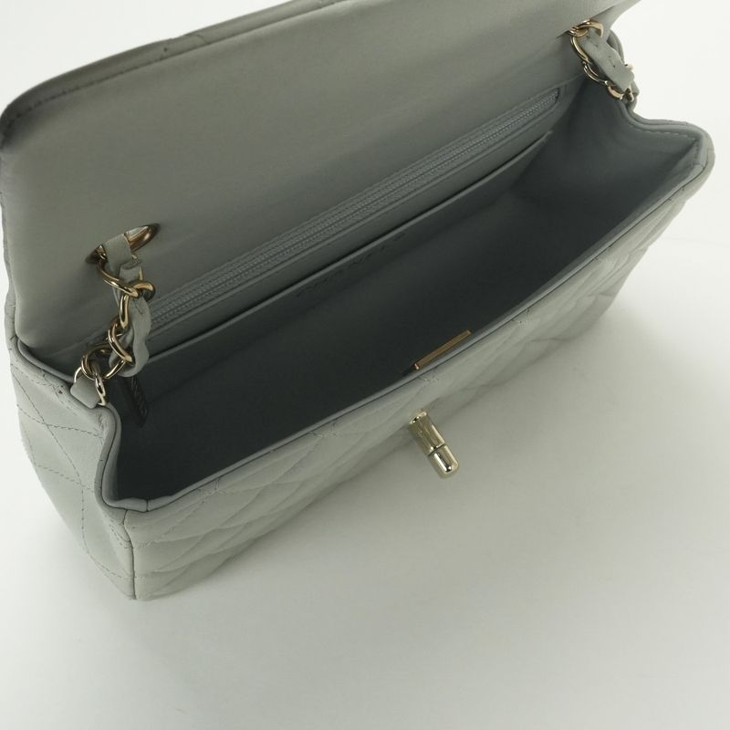 Chanel Quilted 20 Mini Shoulder Bag Lambskin Light Gray Silver Turnlock CC Logo
