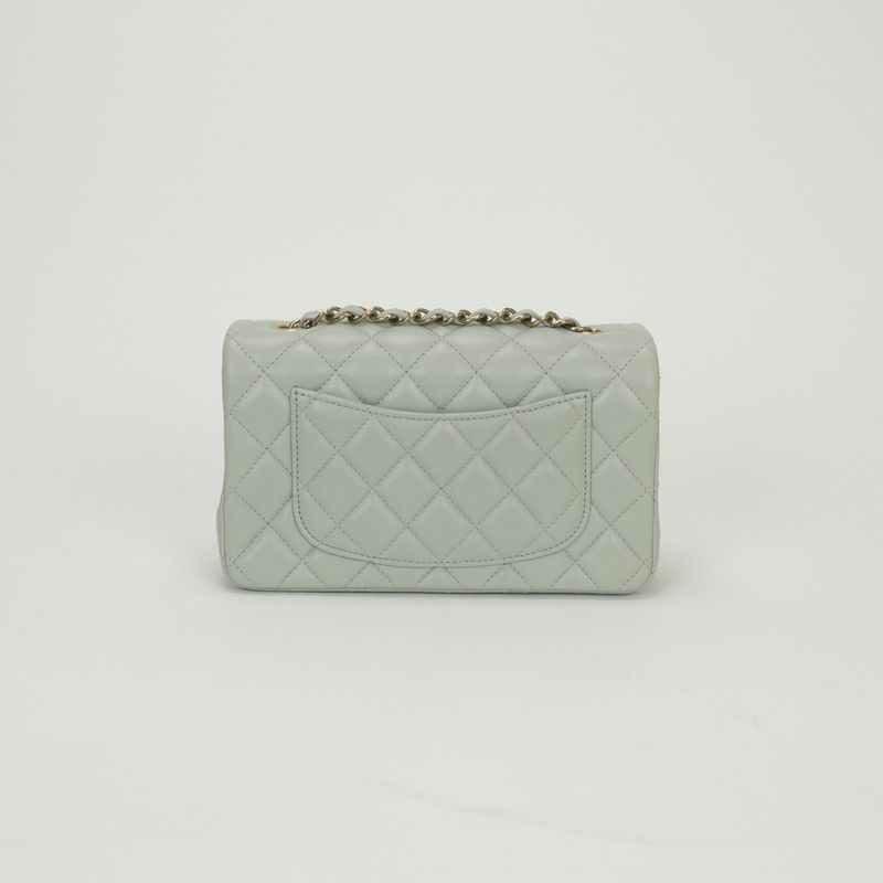 Chanel Quilted 20 Mini Shoulder Bag Lambskin Light Gray Silver Turnlock CC Logo