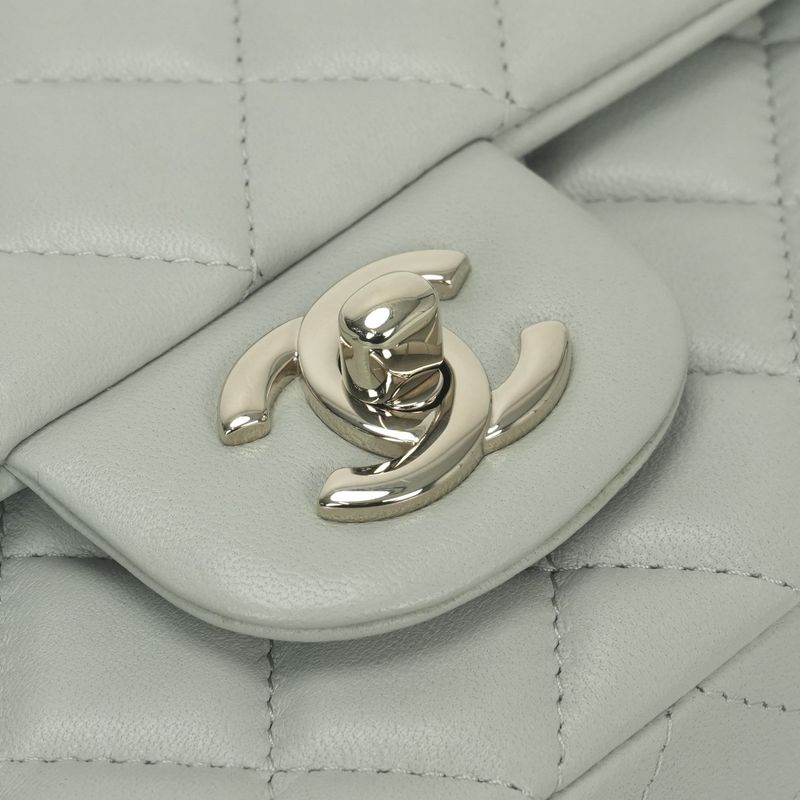Chanel Quilted 20 Mini Shoulder Bag Lambskin Light Gray Silver Turnlock CC Logo