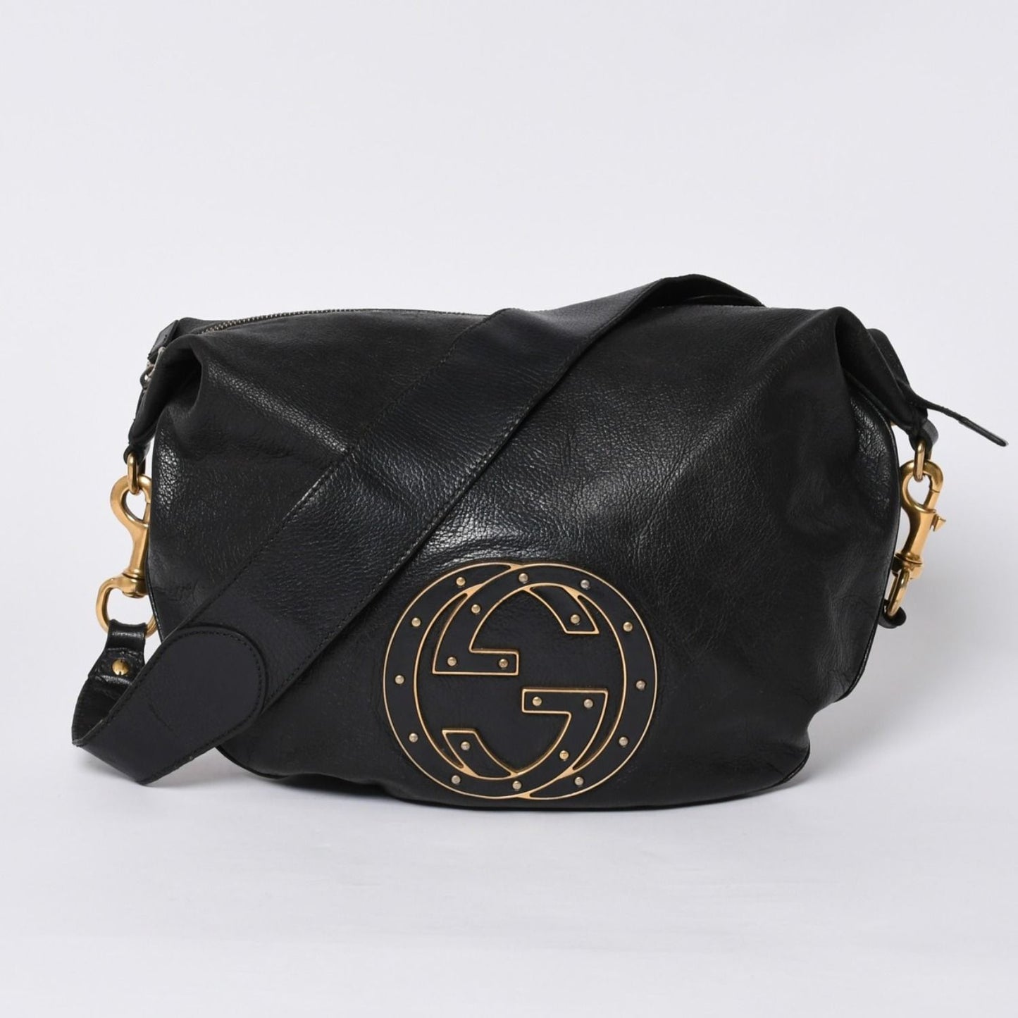 Gucci Bag Double G GG Logo Leather Black Gold