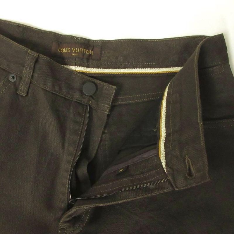 Louis Vuitton Brown Denim Pants Jeans Hem Leather Switch 48