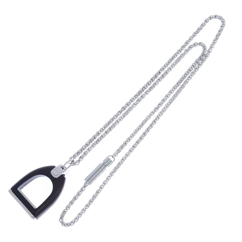 Hermes Etrier Vulcanium Metal Necklace Silver Dark Brown