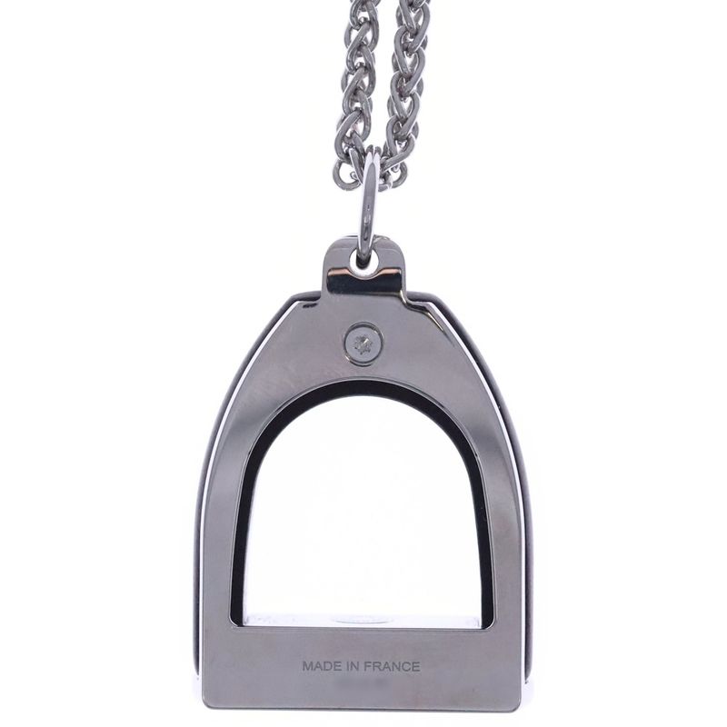 Hermes Etrier Vulcanium Metal Necklace Silver Dark Brown