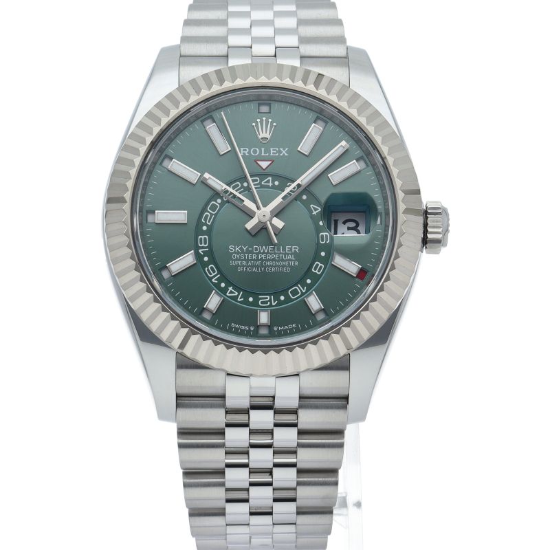Rolex Sky Dweller Watch Jubilee Mint Green Box 18k White Gold SS