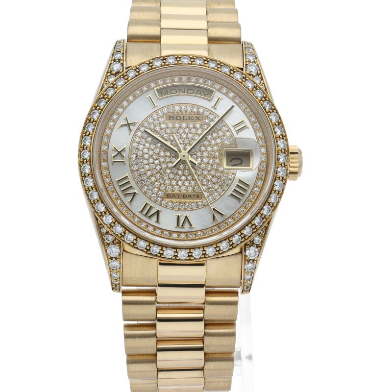 Rolex Day Date Watch Diamond Bezel Shell Pave Dial Box 18k Yellow Gold