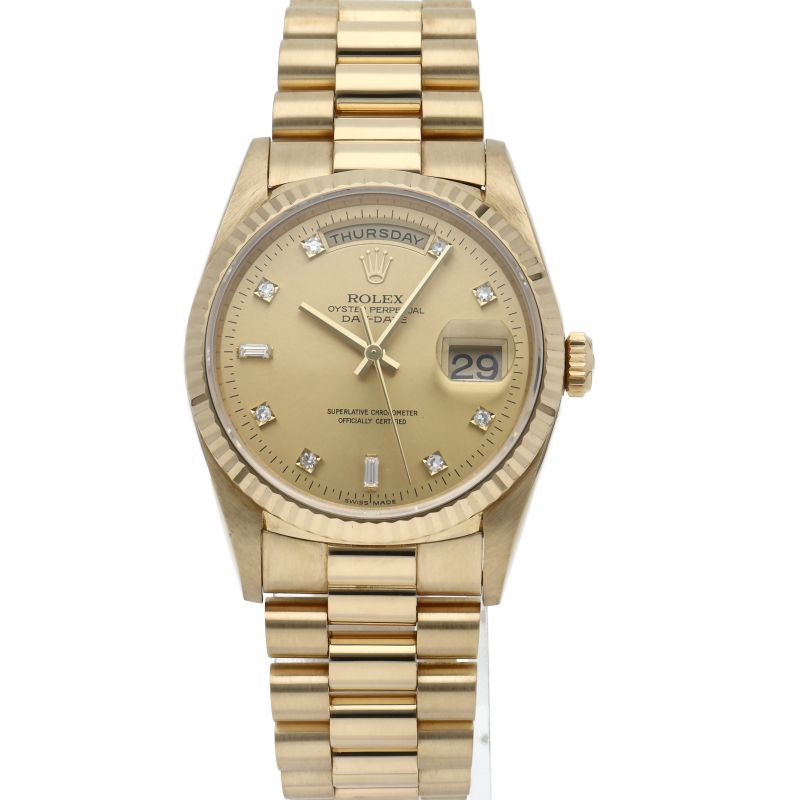 Rolex Day Date Watch Diamond Box 18k Yellow Gold Chien Pankara Polished