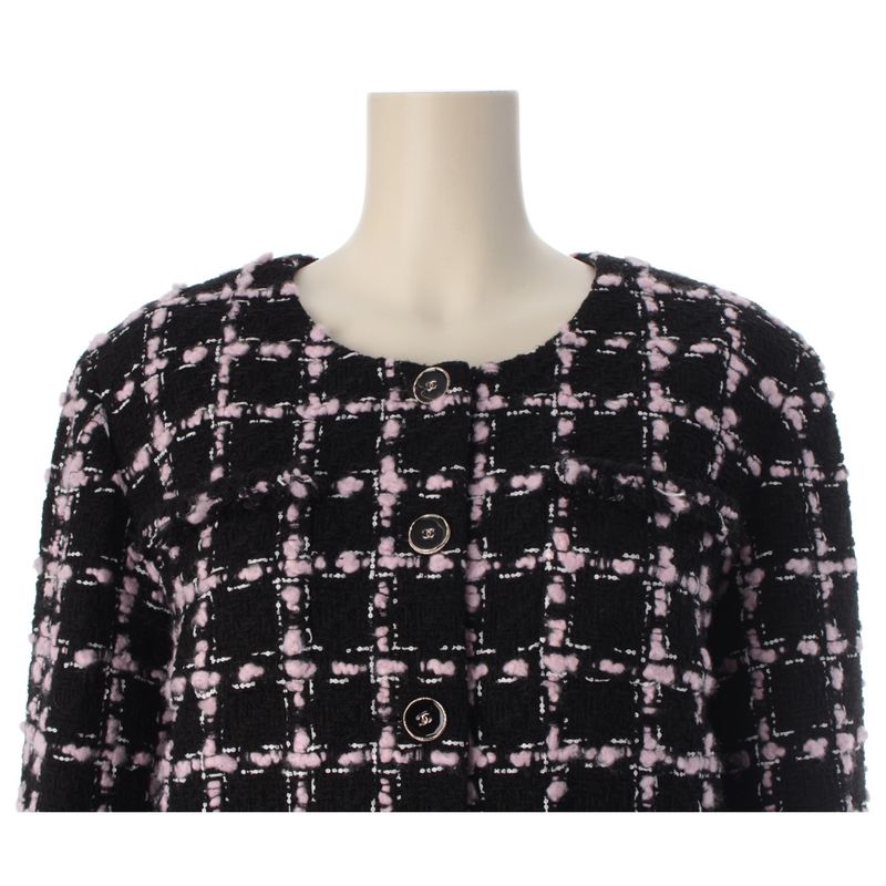 Chanel Tweed Collarless Jacket Black Pink 42