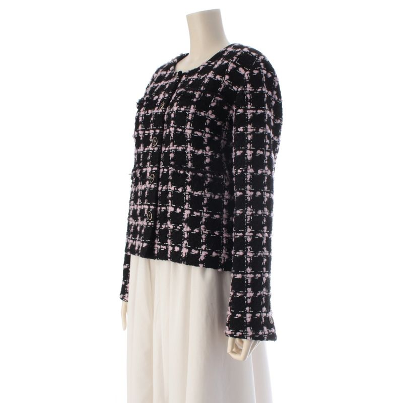 Chanel Tweed Collarless Jacket Black Pink 42
