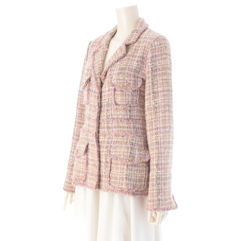 Chanel Wool Coco Button Tweed 4 Pocket Tailored Jacket Pink Beige 40