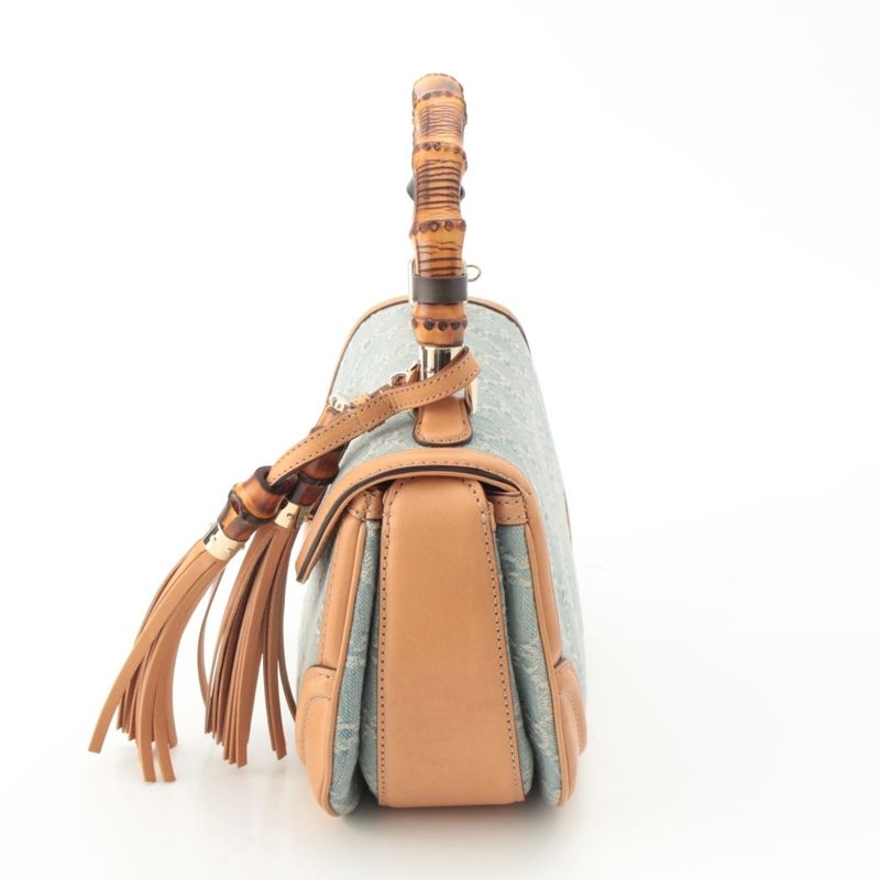 Gucci GG Denim Bamboo Turnlock a Shoulder Bag Ice Blue Beige
