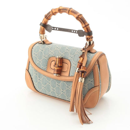 Gucci GG Denim Bamboo Turnlock a Shoulder Bag Ice Blue Beige