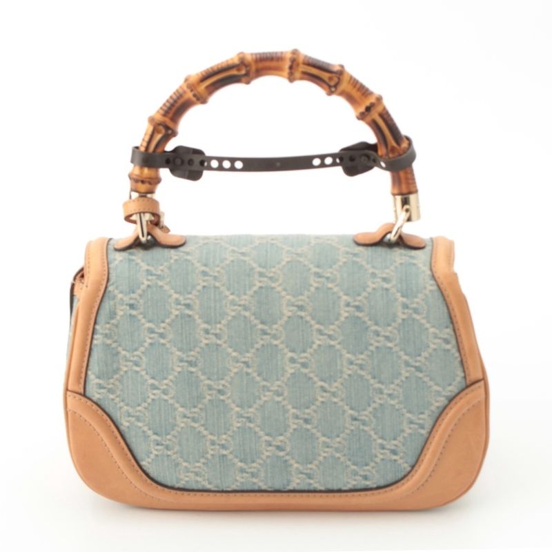 Gucci GG Denim Bamboo Turnlock a Shoulder Bag Ice Blue Beige