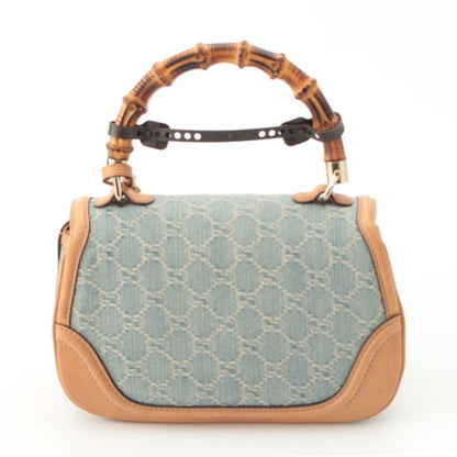 Gucci GG Denim Bamboo Turnlock a Shoulder Bag Ice Blue Beige