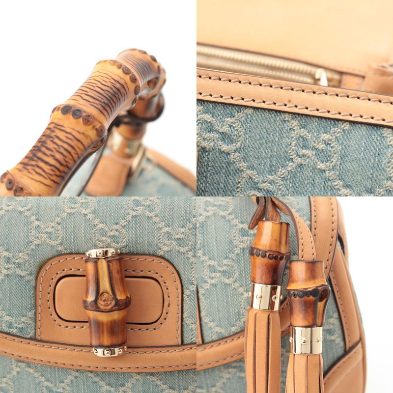 Gucci GG Denim Bamboo Turnlock a Shoulder Bag Ice Blue Beige