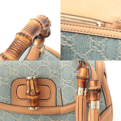 Gucci GG Denim Bamboo Turnlock a Shoulder Bag Ice Blue Beige