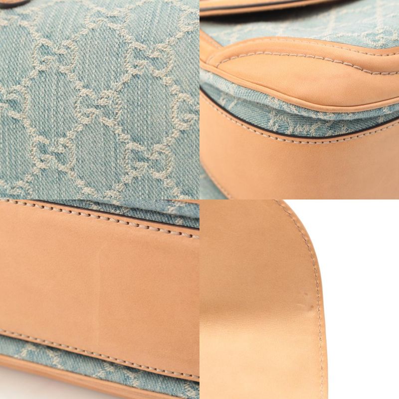 Gucci GG Denim Bamboo Turnlock a Shoulder Bag Ice Blue Beige