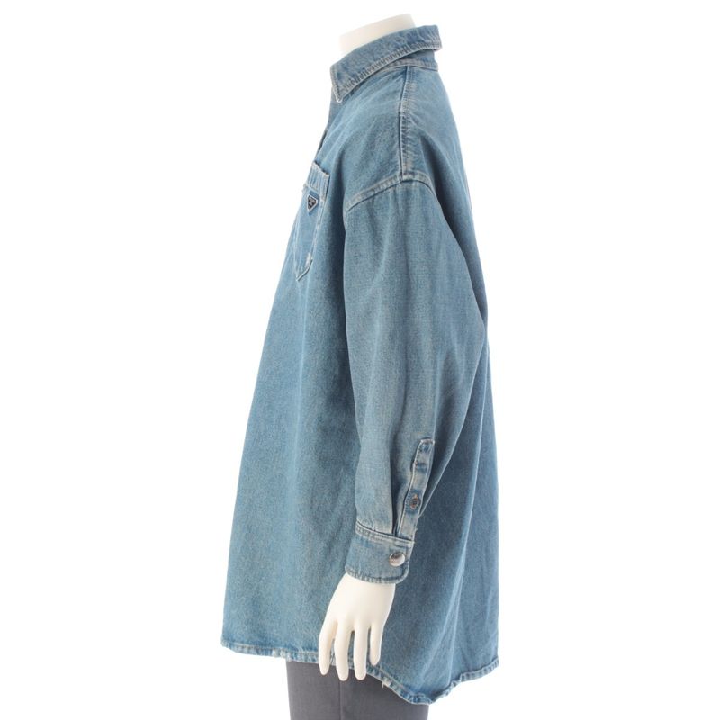 Prada Triangle Logo Mid Bull Gannic Shirt Denim Jacket Ice 36
