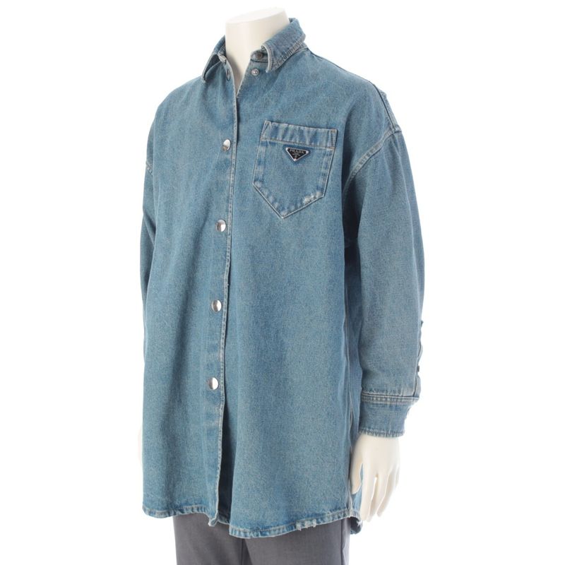 Prada Triangle Logo Mid Bull Gannic Shirt Denim Jacket Ice 36