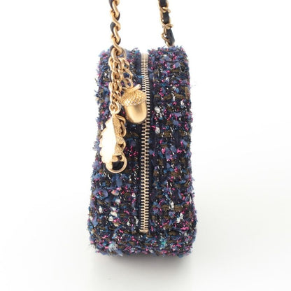 Chanel Quilted Tweed CC Logo Round Chain Shoulder Bag Gold Purple