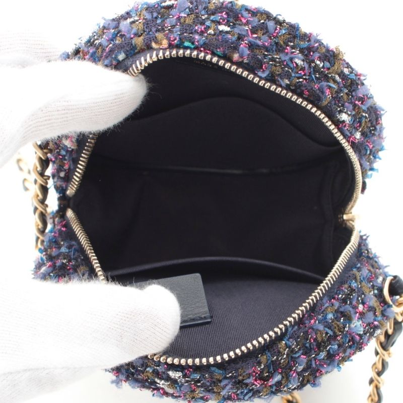 Chanel Quilted Tweed CC Logo Round Chain Shoulder Bag Gold Purple
