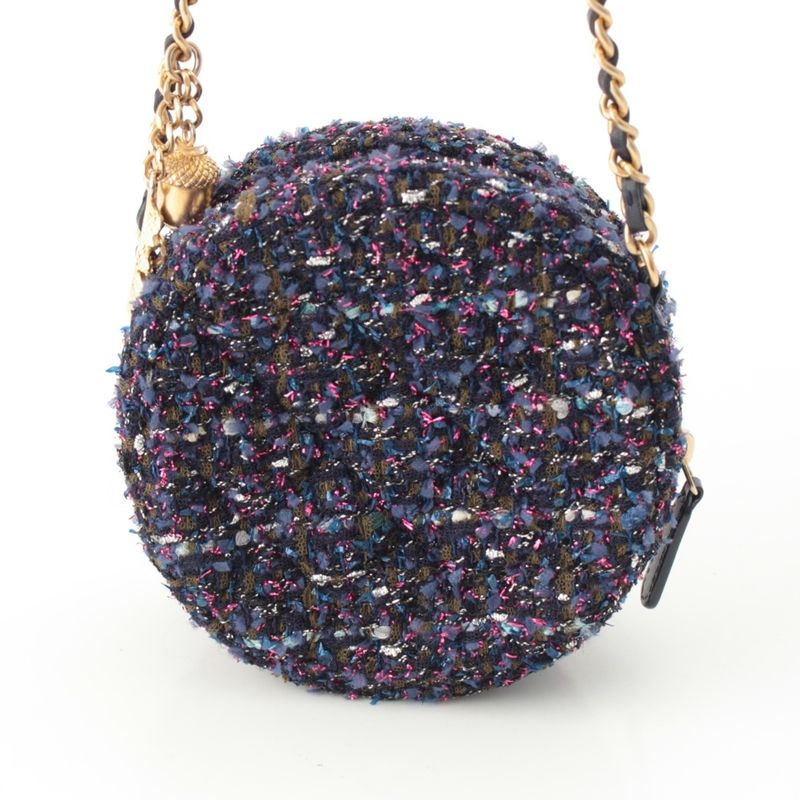 Chanel Quilted Tweed CC Logo Round Chain Shoulder Bag Gold Purple
