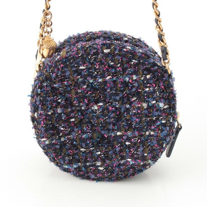 Chanel Quilted Tweed CC Logo Round Chain Shoulder Bag Gold Purple