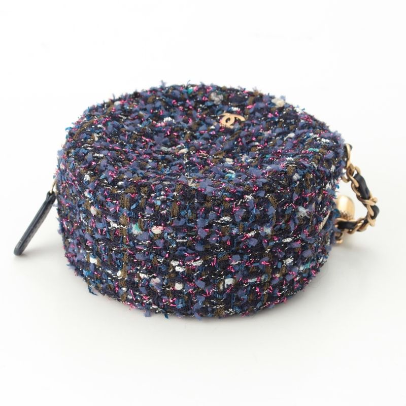 Chanel Quilted Tweed CC Logo Round Chain Shoulder Bag Gold Purple