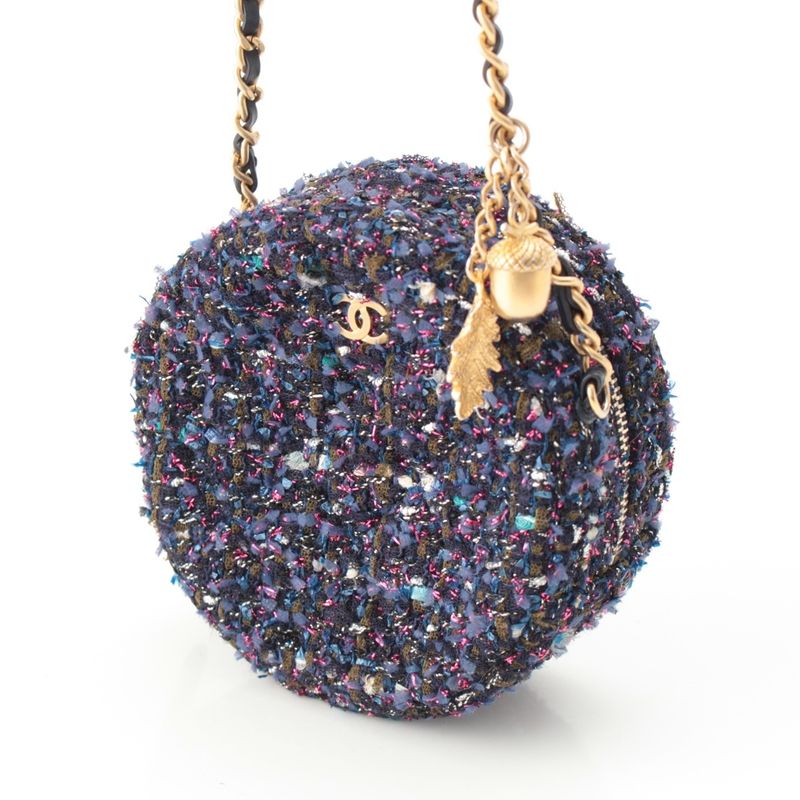 Chanel Quilted Tweed CC Logo Round Chain Shoulder Bag Gold Purple