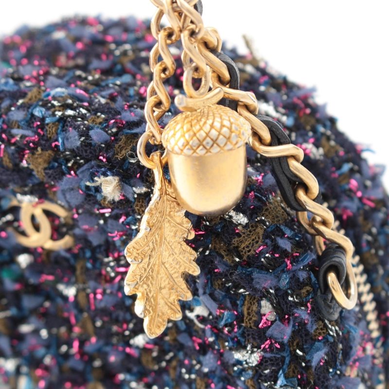 Chanel Quilted Tweed CC Logo Round Chain Shoulder Bag Gold Purple
