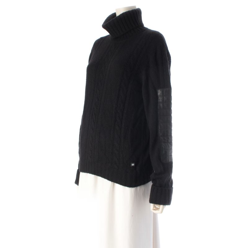 Chanel Choco Bar Cashmere High Neck Knit Elbow Patch Sweater Top Black 42