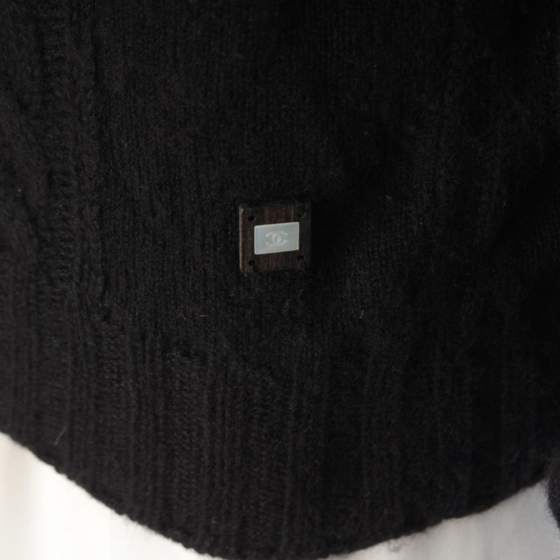 Chanel Choco Bar Cashmere High Neck Knit Elbow Patch Sweater Top Black 42