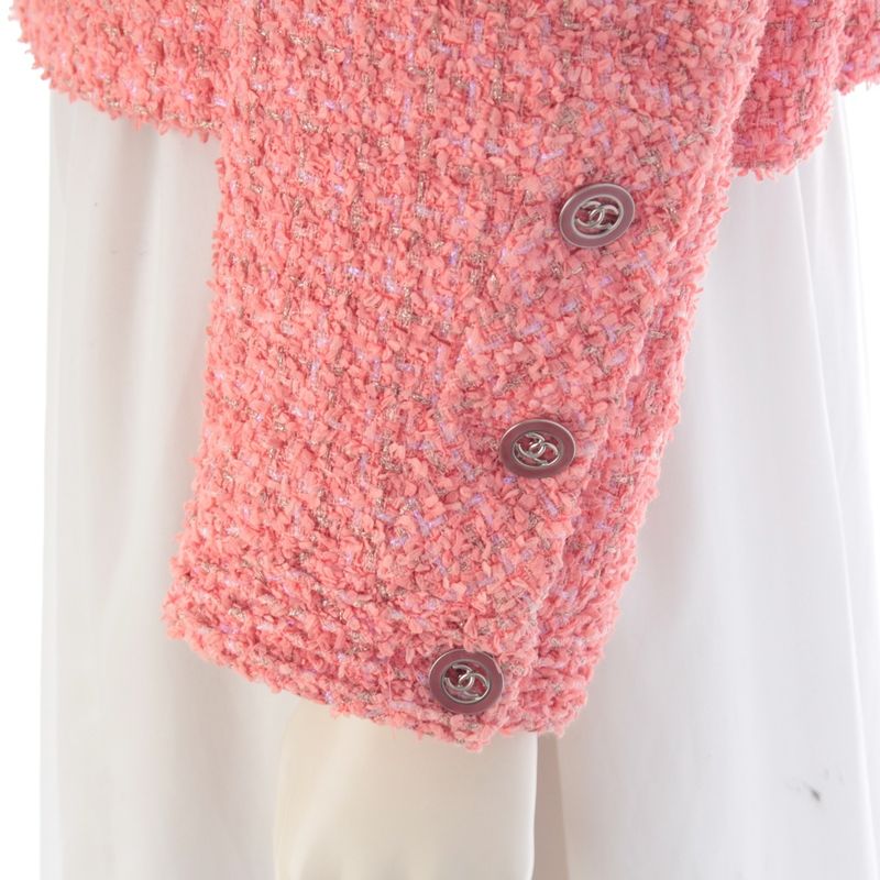 Chanel Cotton CC Logo Tweed Collarless Jacket Pink 36