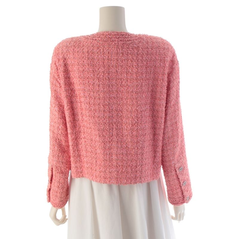 Chanel Cotton CC Logo Tweed Collarless Jacket Pink 36