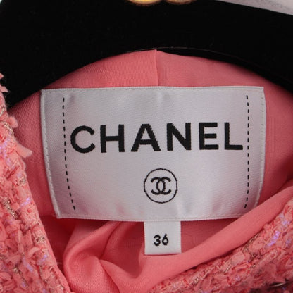 Chanel Cotton CC Logo Tweed Collarless Jacket Pink 36