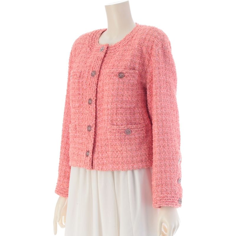 Chanel Cotton CC Logo Tweed Collarless Jacket Pink 36