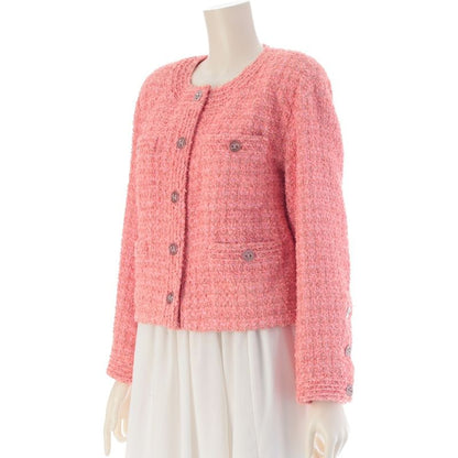Chanel Cotton CC Logo Tweed Collarless Jacket Pink 36