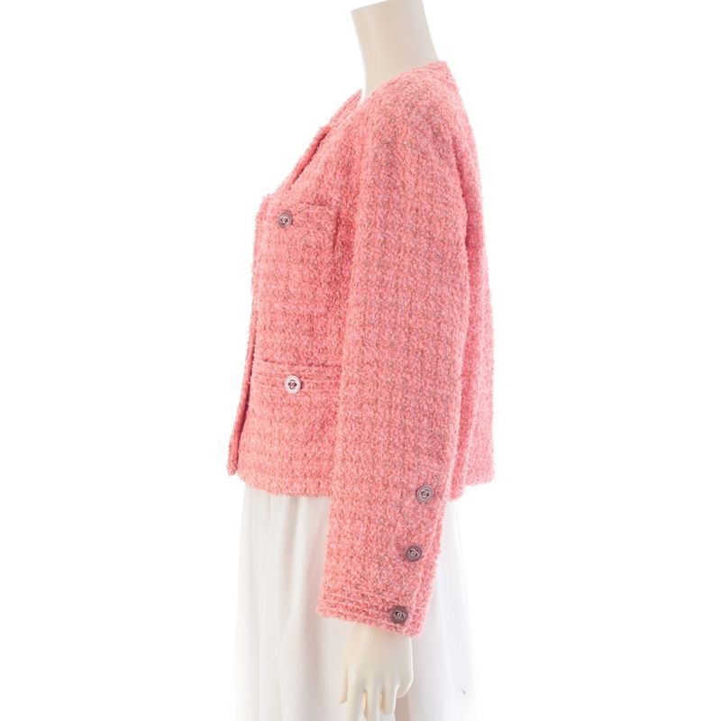 Chanel Cotton CC Logo Tweed Collarless Jacket Pink 36