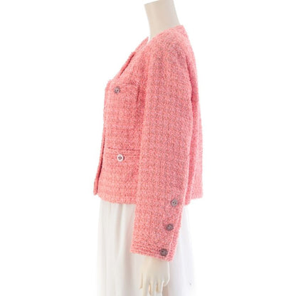 Chanel Cotton CC Logo Tweed Collarless Jacket Pink 36