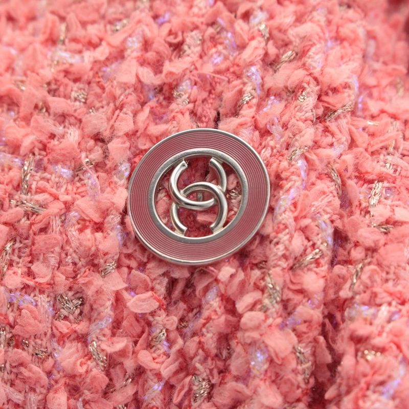 Chanel Cotton CC Logo Tweed Collarless Jacket Pink 36