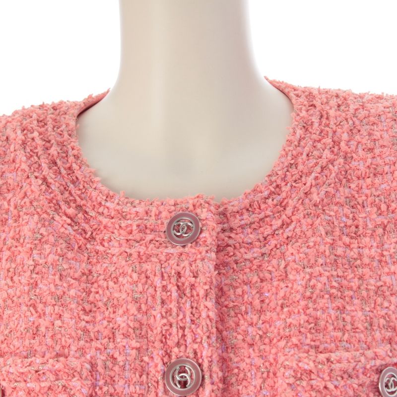 Chanel Cotton CC Logo Tweed Collarless Jacket Pink 36