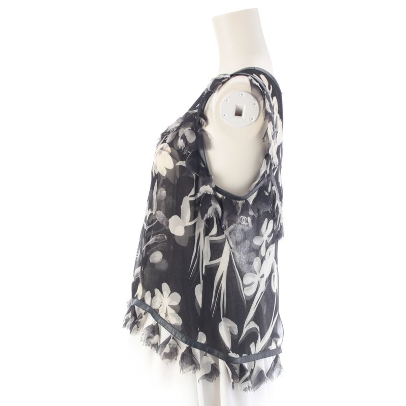 Chanel Silk Sheer Sleeveless CC Logo All Over Pattern Back Open Blouse Monotone