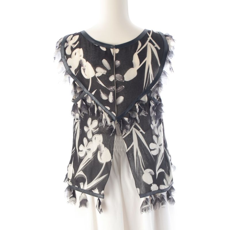 Chanel Silk Sheer Sleeveless CC Logo All Over Pattern Back Open Blouse Monotone