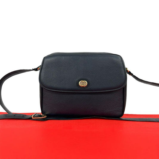 Gucci Vintage GG Logo Gold Leather Shoulder Bag Pochette Navy