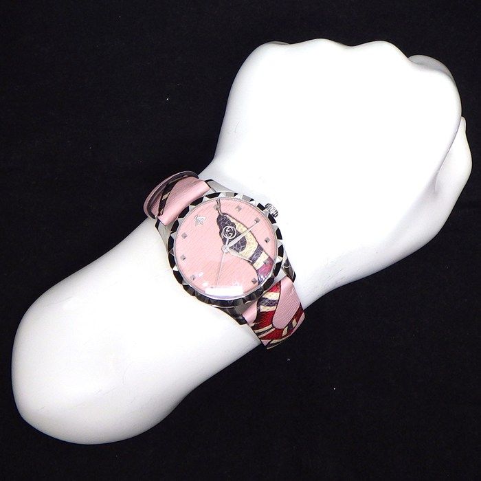 Gucci Watch Timeless 126.4 Snake Pattern Pink Dial SS Leather Strap Quartz