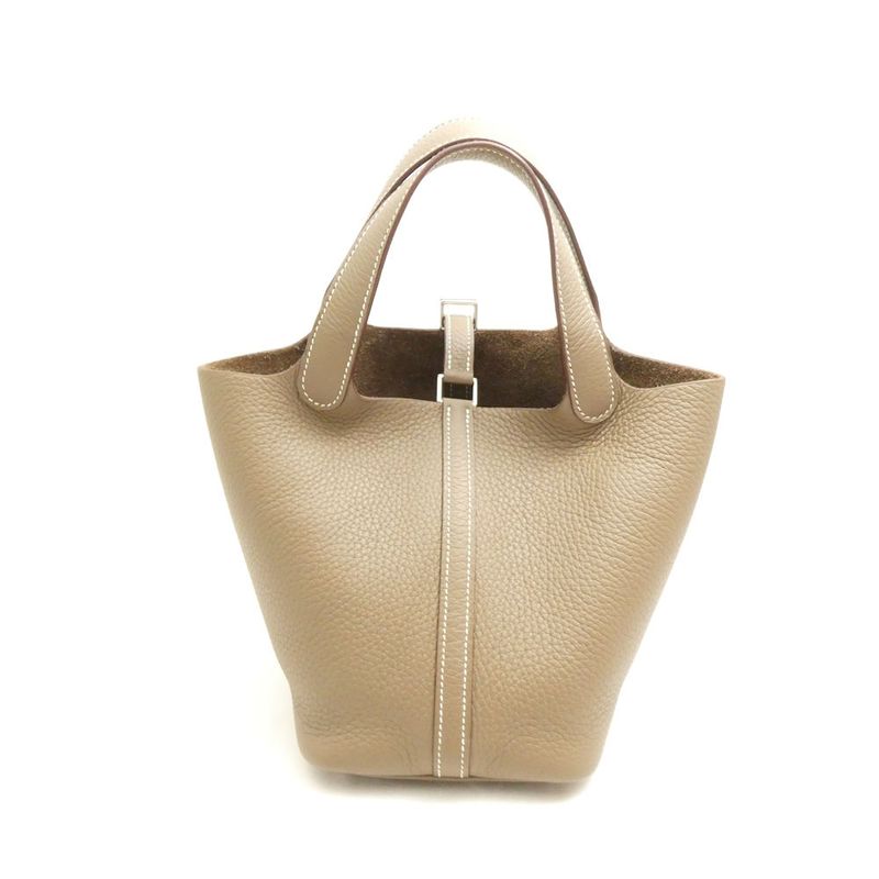 Hermes Picotin Lock PM Taurillon Clemence Handbag Etoupe Silver