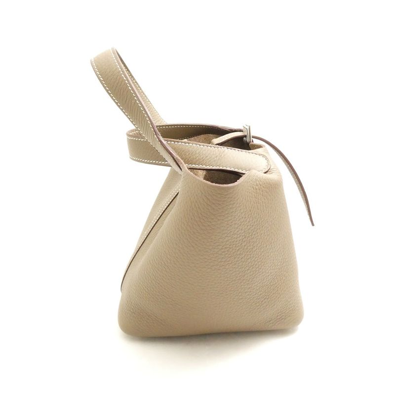 Hermes Picotin Lock PM Taurillon Clemence Handbag Etoupe Silver