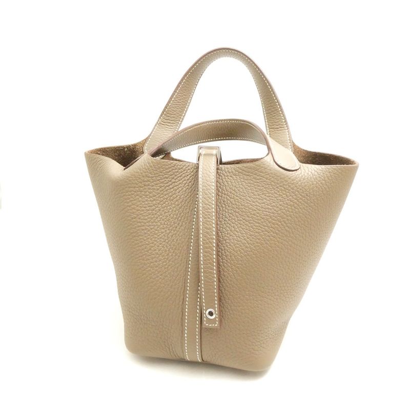 Hermes Picotin Lock PM Taurillon Clemence Handbag Etoupe Silver